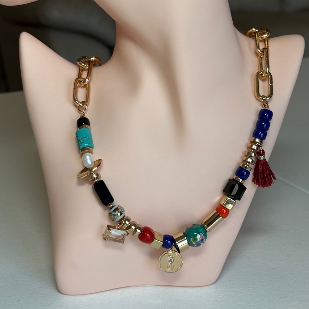 Multicolor Beaded Gold-Chain Statement Necklace